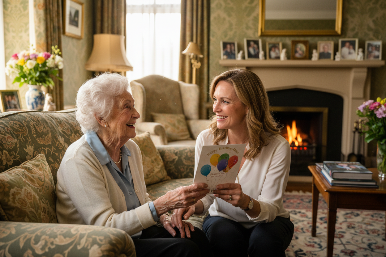 An image of an elderly woman being handed a birthday card from her daughter.  There is excitment and loving emotion in her face, she is sitting on a sofa wearing an elegant but appropriate outfit, she is looking at her daughter as she reaches out and takes the card from her.  Background is of a sitting area in a british home. 