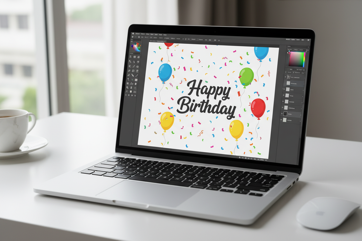 an open apple macbook with the screen showing the image of a birthday reeting card being designed