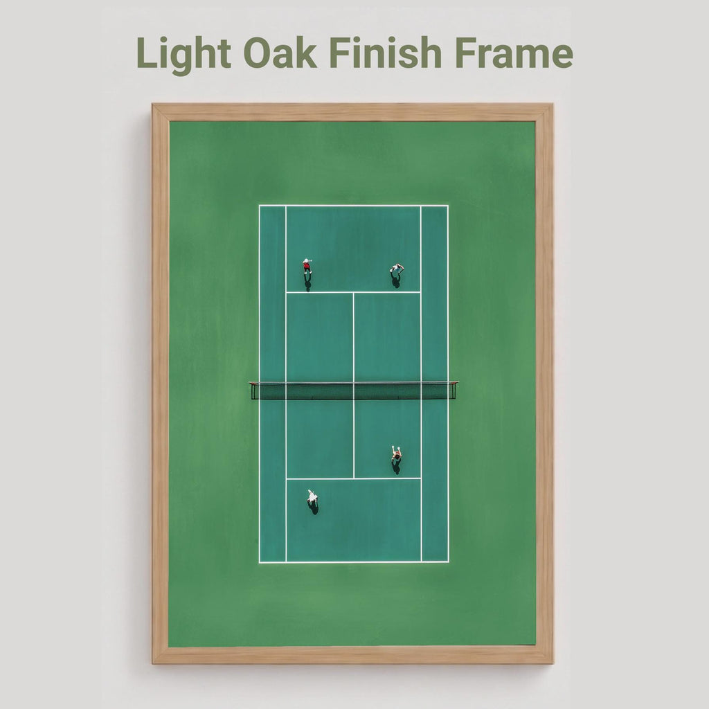 Oak framed artwork of a tennis court in miniature from above 