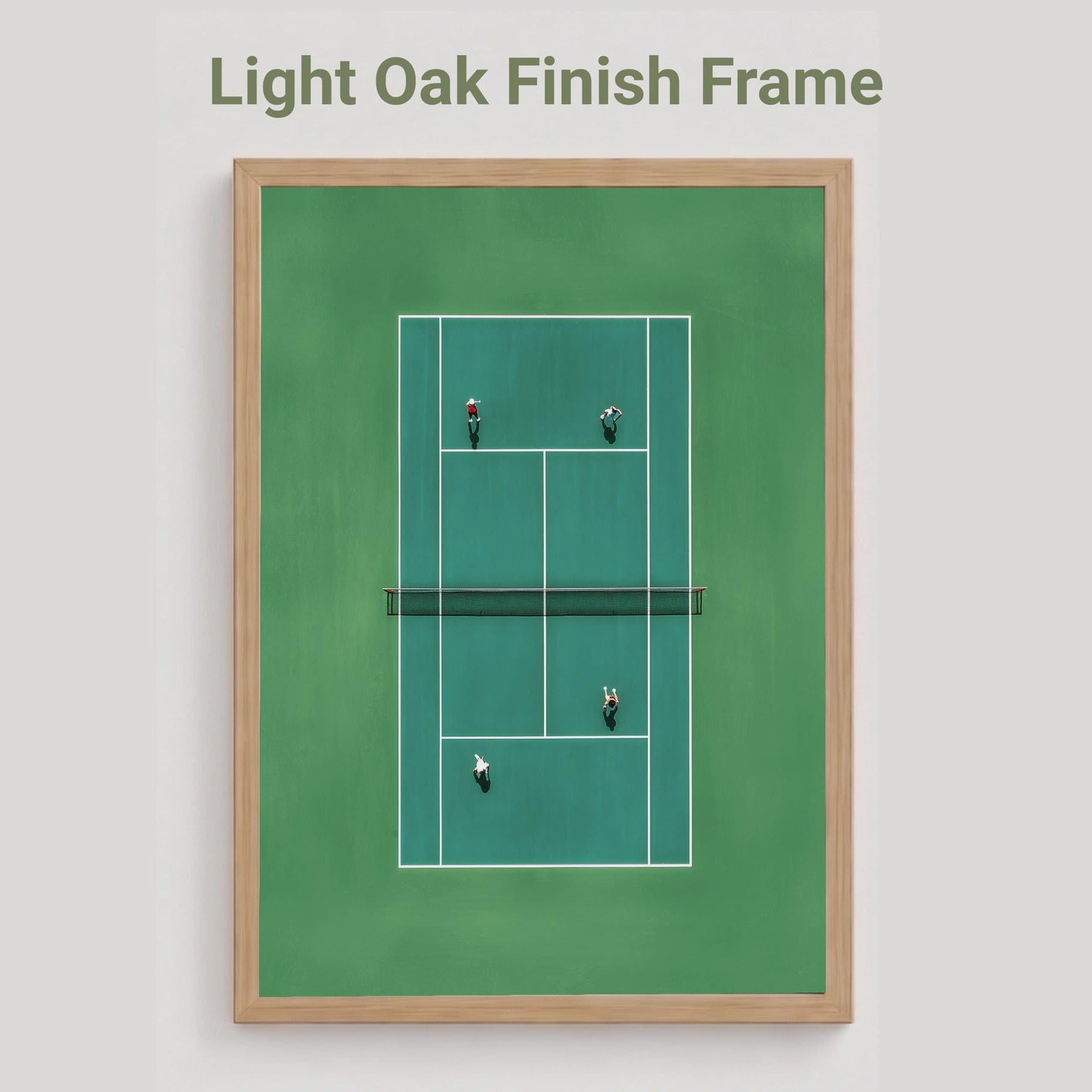Oak framed artwork of a tennis court in miniature from above 