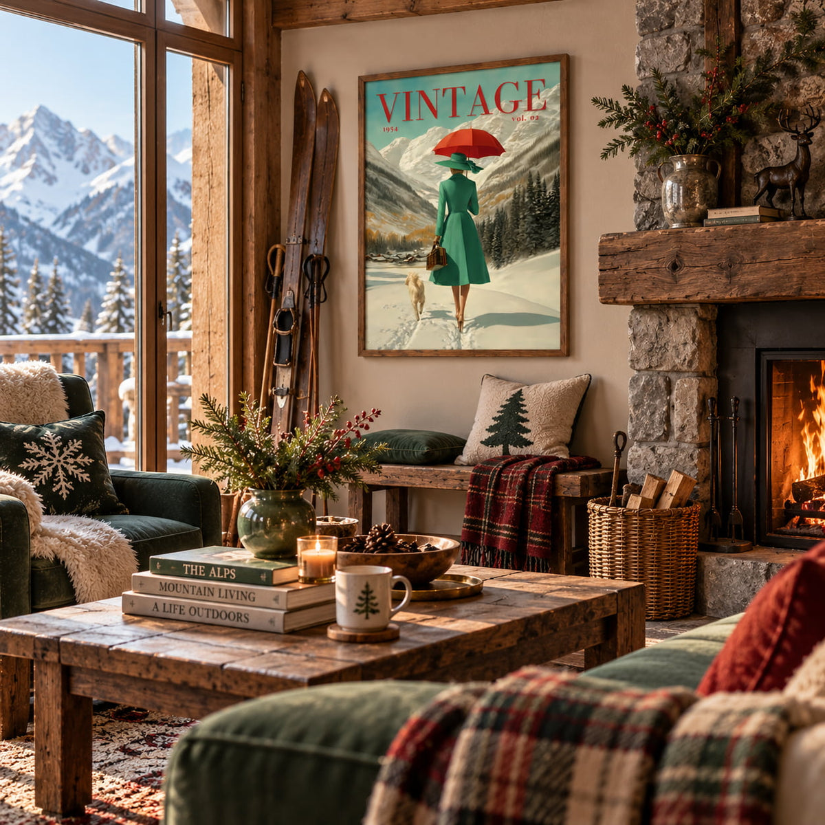 A cozy rustic living room with a stone fireplace and large windows showing snowy mountains outside. A vintage-style wall poster reading “VINTAGE” hangs above the fireplace, showing a woman in a green coat walking in the snow with a red umbrella.
