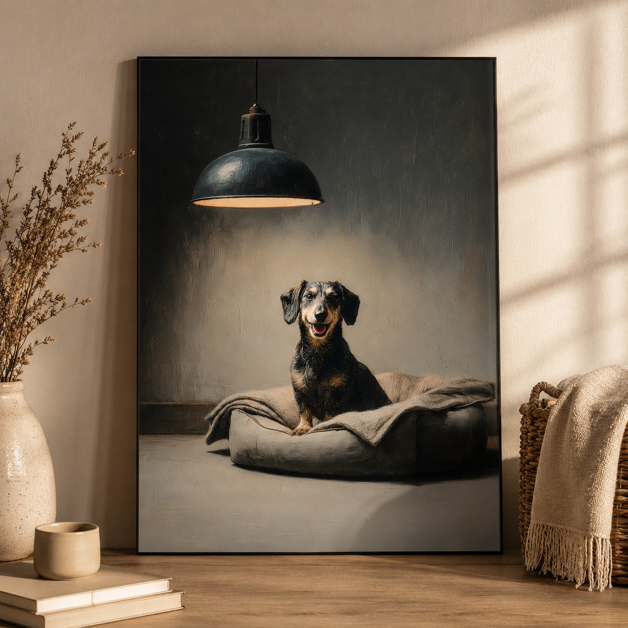 A framed vertical canvas print leaning against a wall on a wooden surface, showing a dachshund sitting on a dog bed under a hanging lamp. The room includes a vase with dried stems, books, and a woven basket with a throw blanket.