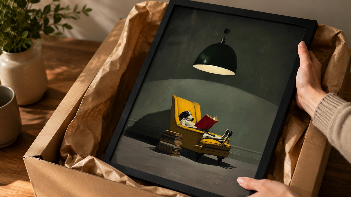 A framed art print being held by hands inside a cardboard shipping box lined with brown tissue paper. The print shows a cozy scene of a dog reading a red book in a yellow armchair under a hanging lamp.