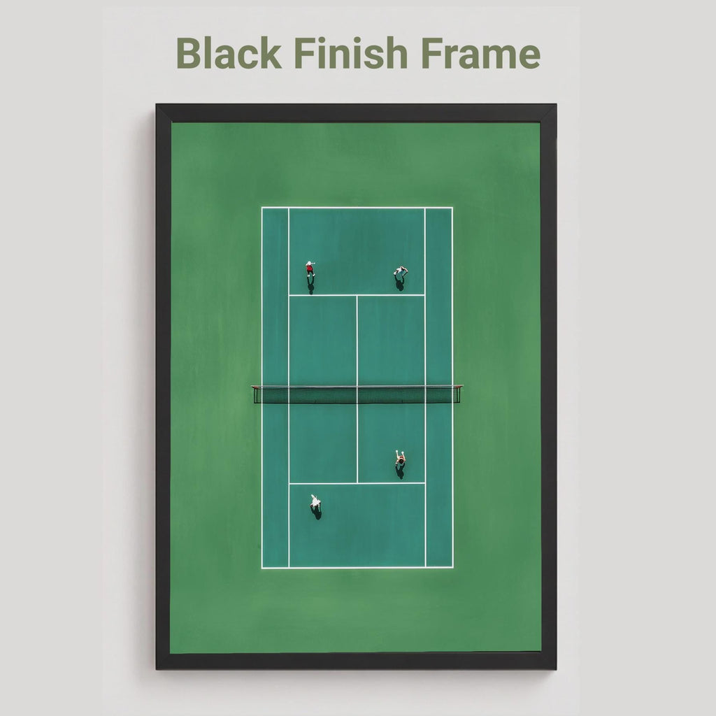 Black framed artwork of a tennis court in miniature from above 