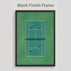 Black framed artwork of a tennis court in miniature from above 