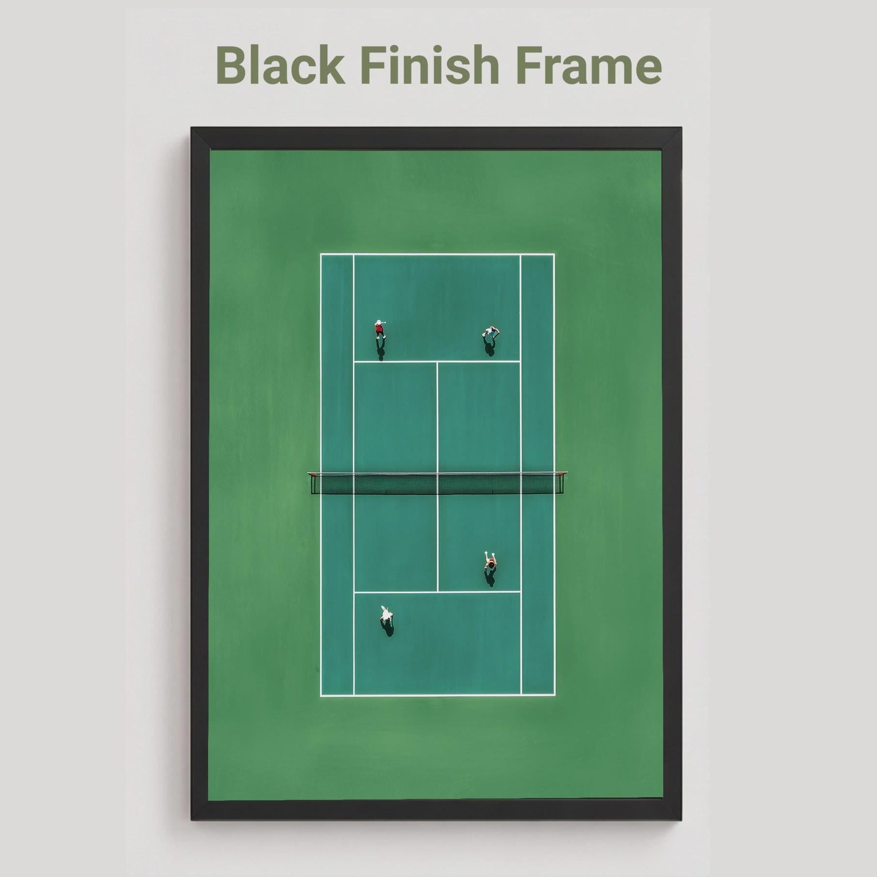 Black framed artwork of a tennis court in miniature from above 