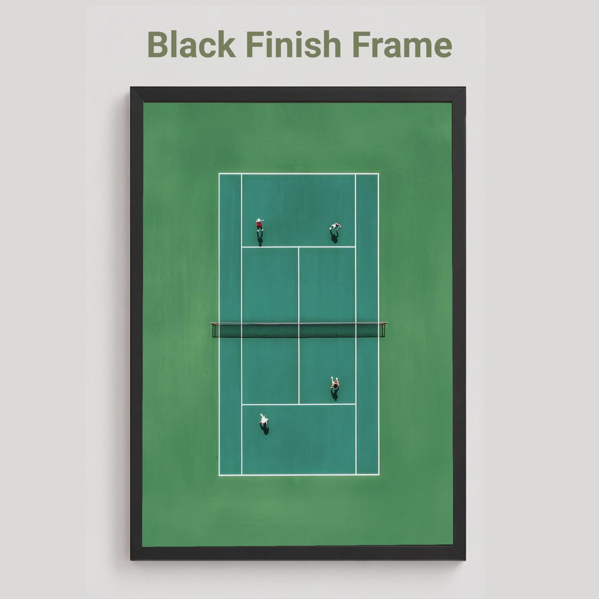 Black framed artwork of a tennis court in miniature from above 