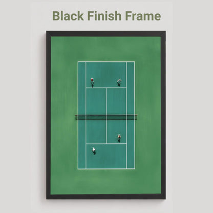 Black framed artwork of a tennis court in miniature from above 