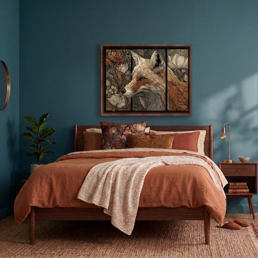 A three-panel canvas wall art print depicting a fox in a natural setting, styled in a bedroom above a wooden bed with rust-colored bedding and a beige throw blanket.