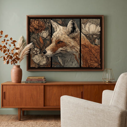 A three-panel framed wall art piece featuring a detailed fox illustration, displayed in a styled room above a wooden sideboard with a vase and chair.