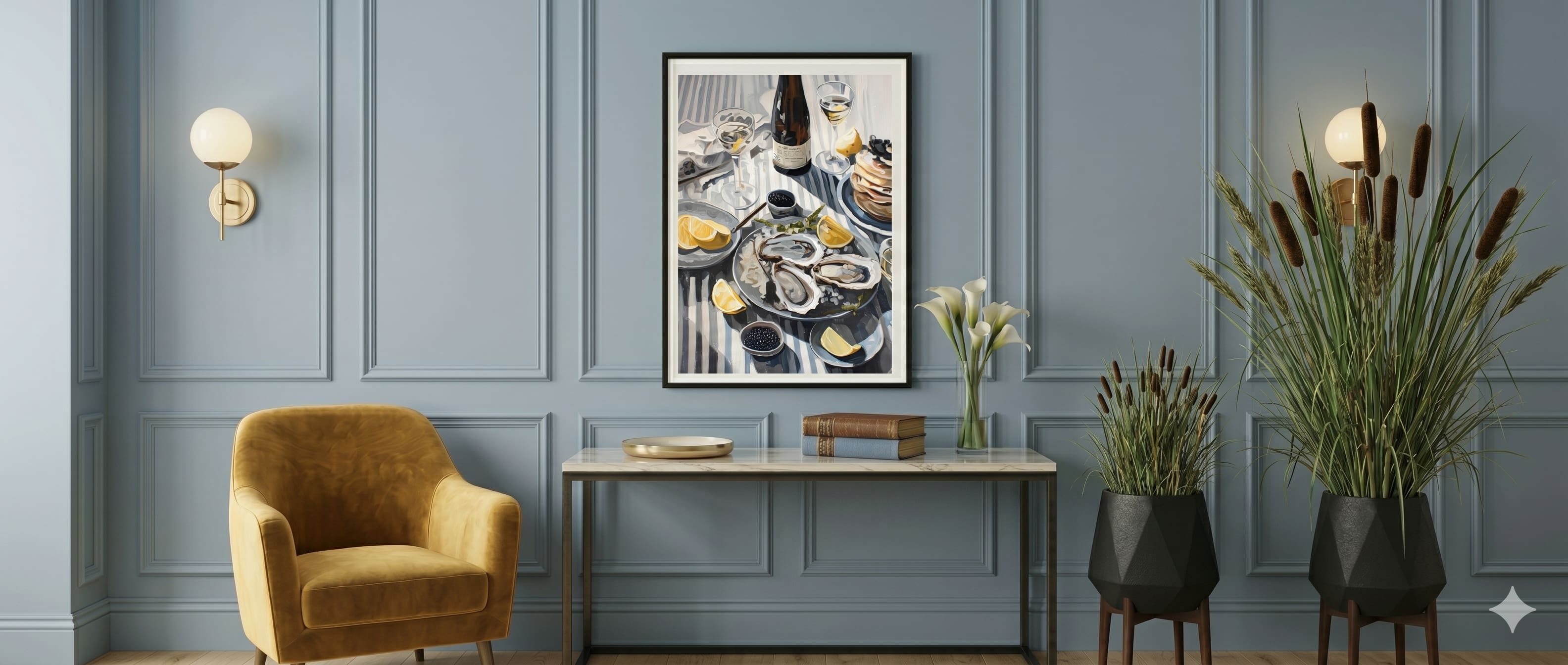 Modern interior with a yellow armchair, table, and decorative elements against a blue wall. imagii gallery poster art.