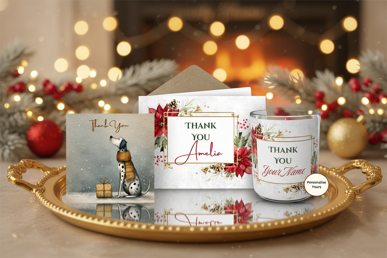 please replace the products with these from my shop:  @festive-floral-thanks @festive-floral-thanks-soy-candle @grateful-dalmatian-square-card