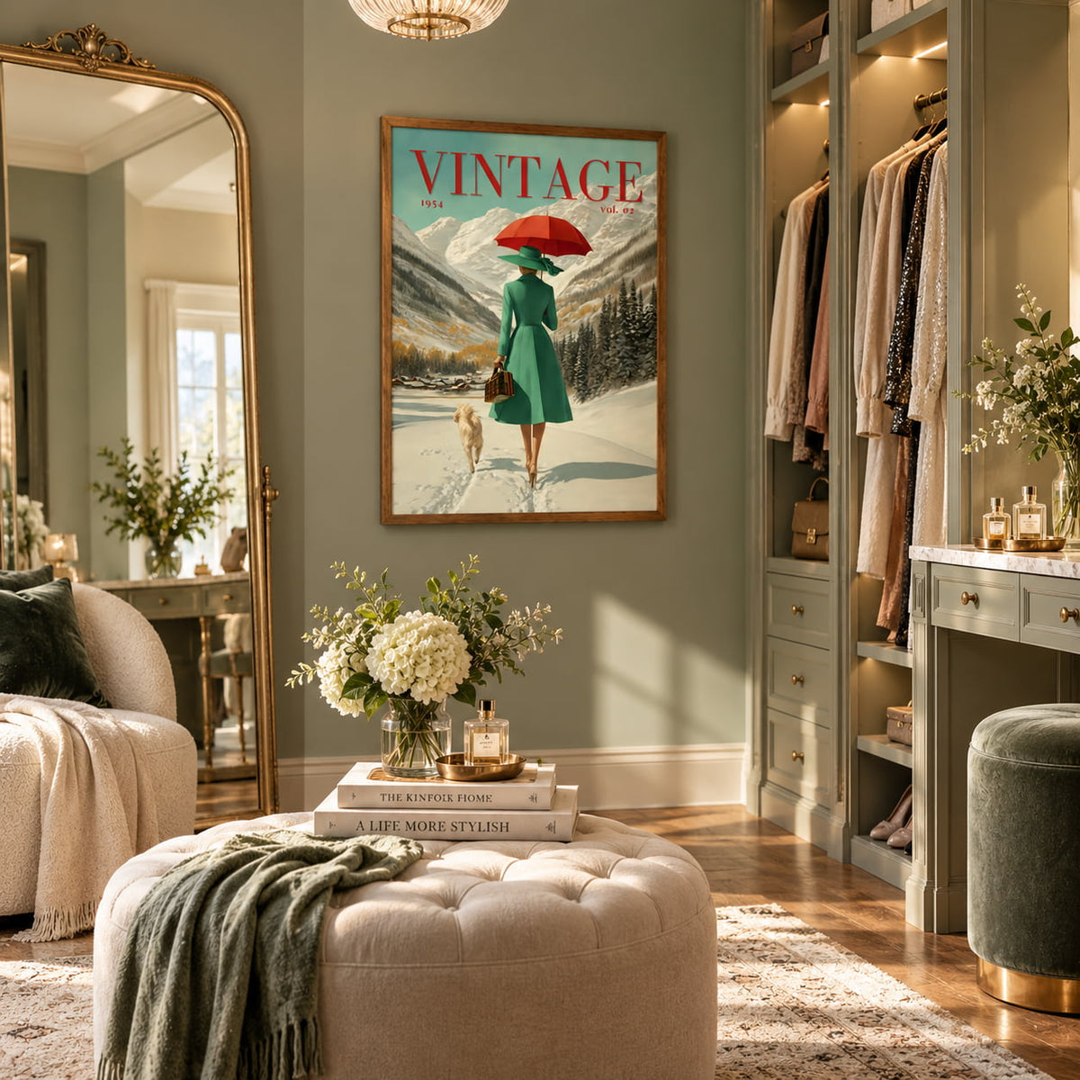 A framed vintage-style wall art print hangs in a styled dressing room. The print shows a woman in a green coat walking in the snow with a red umbrella, and the word VINTAGE appears at the top.