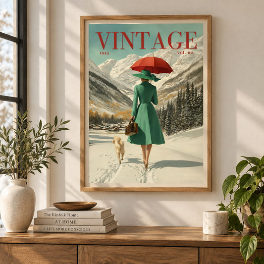 A framed vintage-style wall art print hangs on a beige wall above a wooden console table. The artwork shows a woman in a green dress and red umbrella walking in a snowy mountain landscape, with the word VINTAGE at the top.