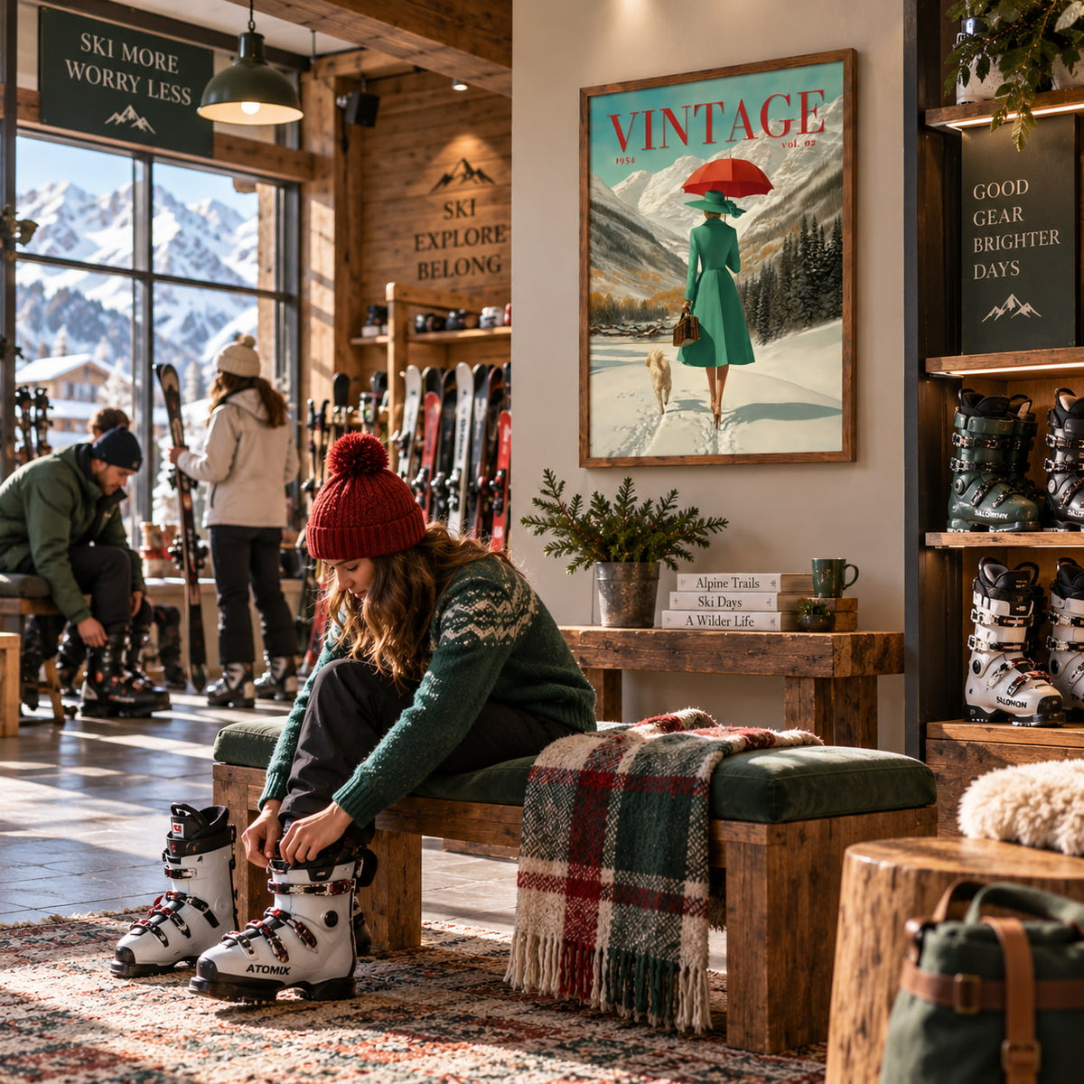 A cozy ski shop interior with a woman sitting on a wooden bench and tying on a pair of white ski boots. The space features rustic wood walls, shelves of skis and boots, a vintage-style poster, and warm ambient lighting.