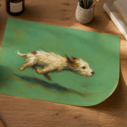A rectangular green placemat or art print featuring a painted running dog, styled on a wooden desk with a cup of coffee, notebook, pen, and other desk accessories.