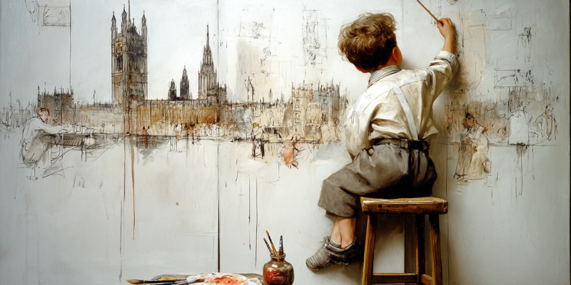 Child painting a cityscape on a wall with a stool and painting supplies.