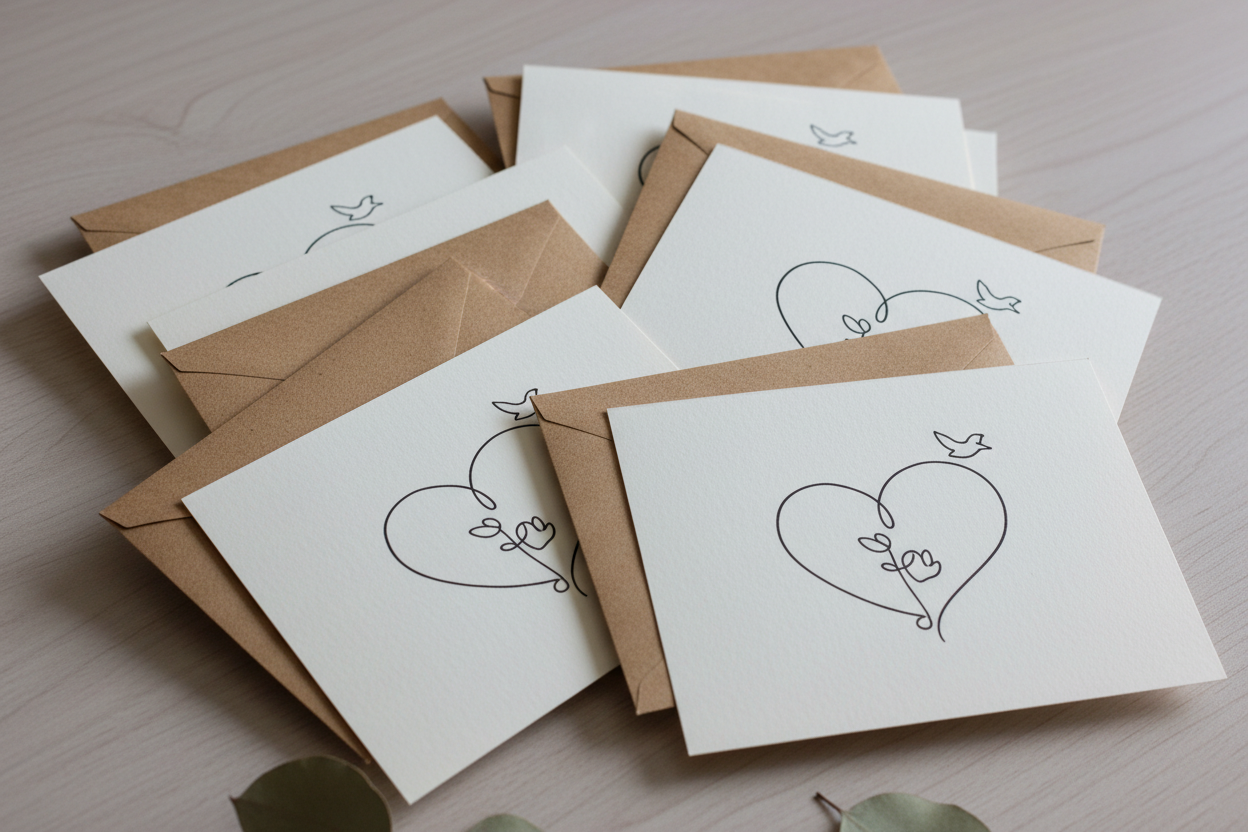 perfect, now make the cards have all the same image of a piece of doodle single line artwork