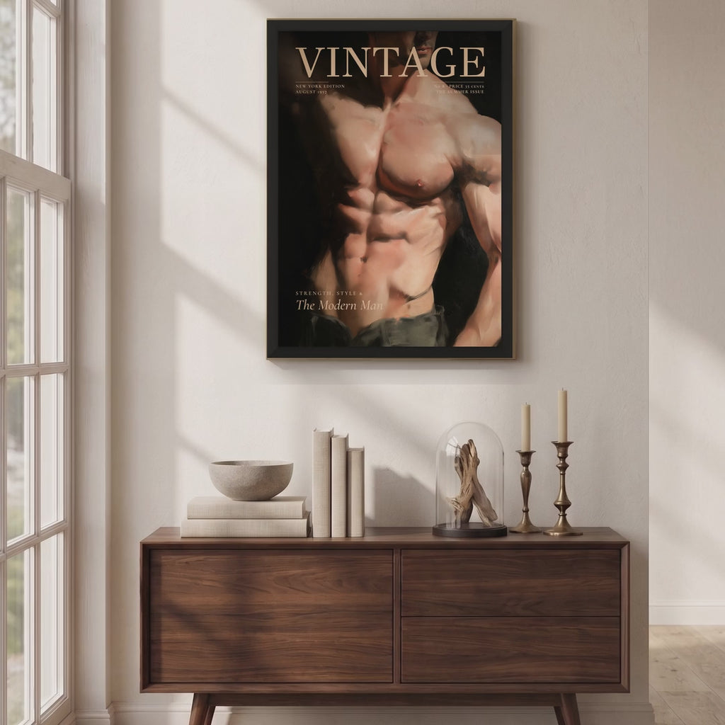 Video of the Vintage The Modern Man magazine cover print in a black frame, hung above a wooden sideboard with books and candlesticks in a sunlit room.