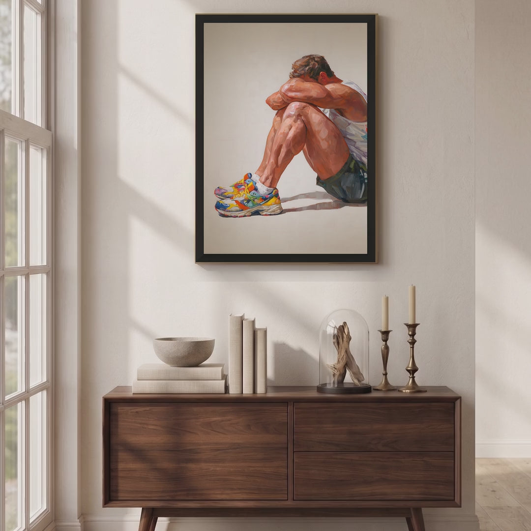 Video of the Rest gay art print in a black frame hanging above a wooden sideboard in a sunlit room, a seated man resting in colourful trainers