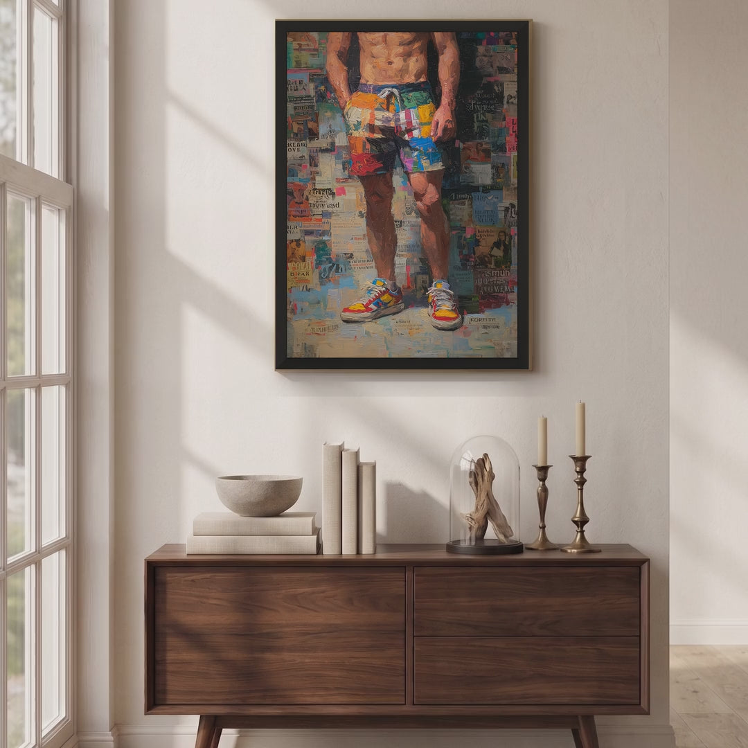 Video of the Front Page framed print hanging above a wooden sideboard in a sunlit room, showing a man in patchwork shorts and trainers against a magazine collage.