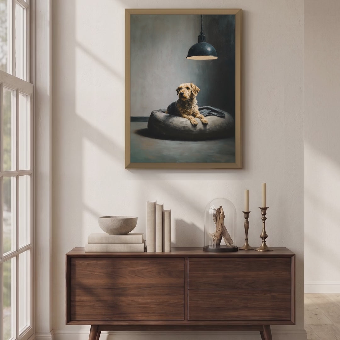 Terrier in Lamplight — Moody Dog Painting