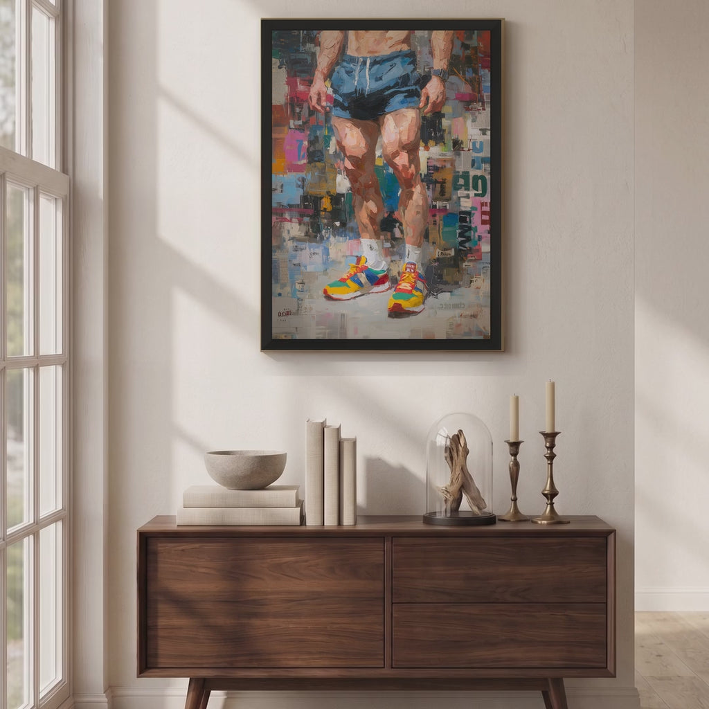 Video of the Newsprint framed print hanging above a wooden sideboard in a sunlit room, showing an athlete in blue shorts and bright trainers against a newspaper collage.