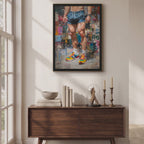 Video of the Newsprint framed print hanging above a wooden sideboard in a sunlit room, showing an athlete in blue shorts and bright trainers against a newspaper collage.
