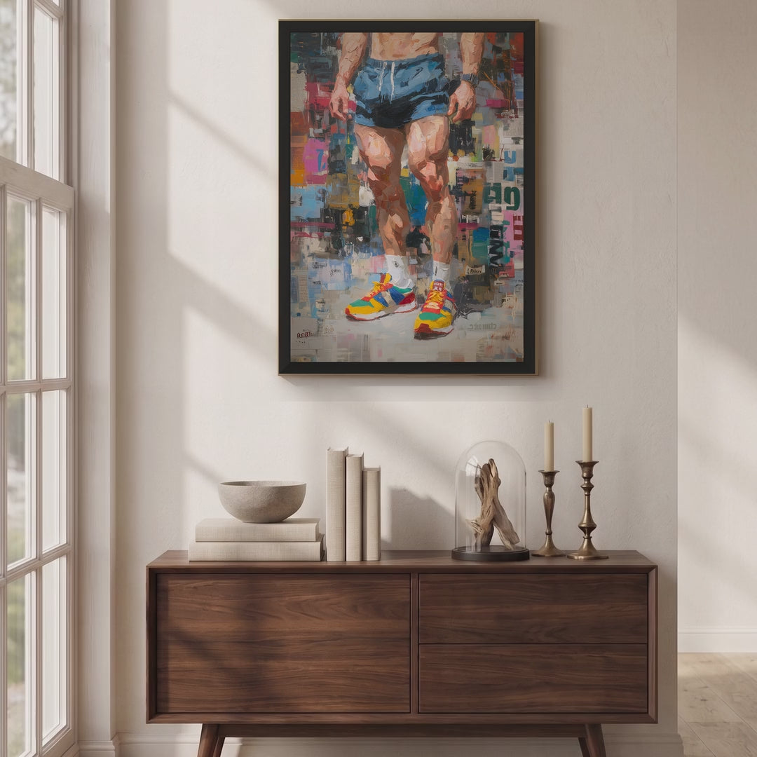 Video of the Newsprint framed print hanging above a wooden sideboard in a sunlit room, showing an athlete in blue shorts and bright trainers against a newspaper collage.
