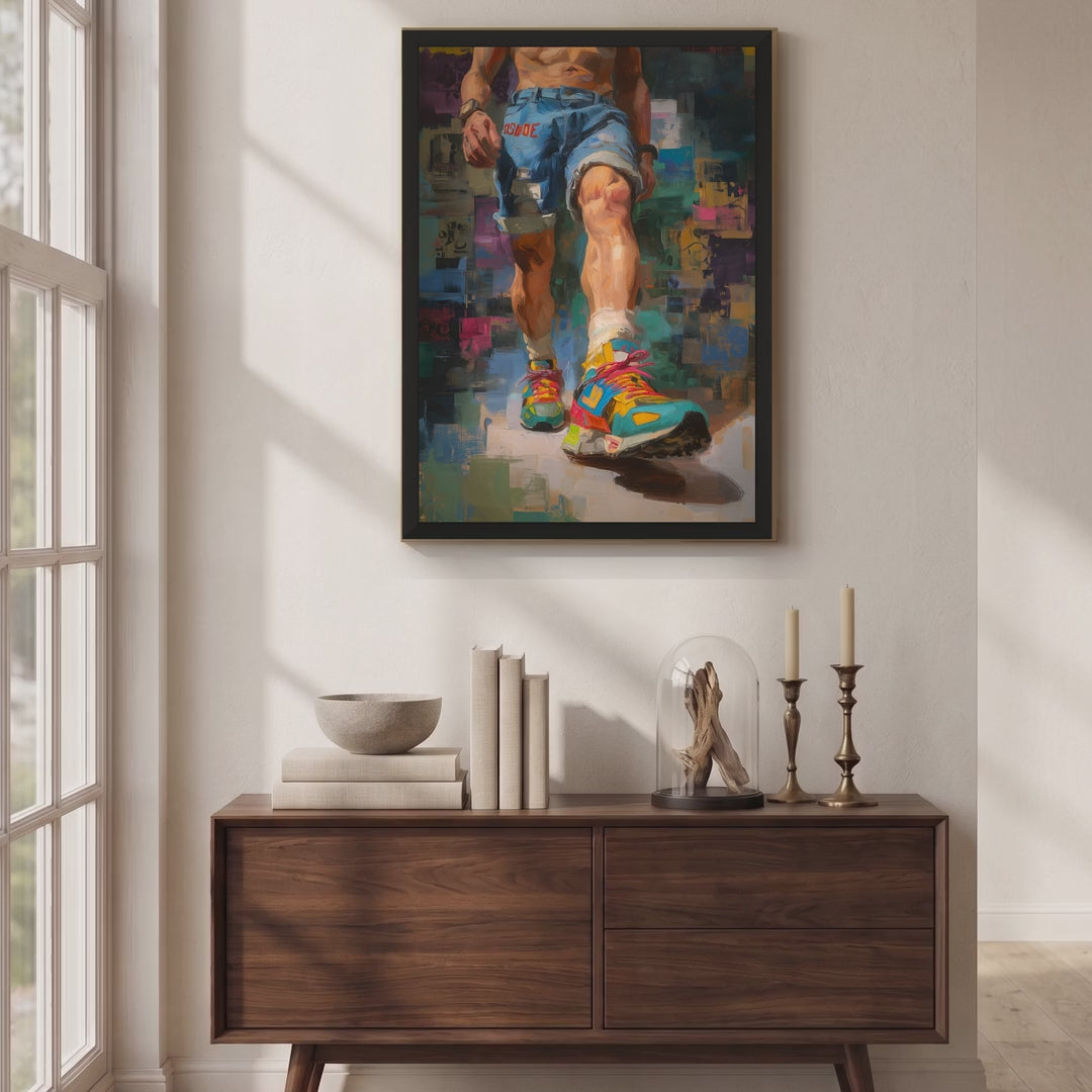 Video of the Step Forward gay art print in a black frame hanging above a wooden sideboard in a sunlit room, a man striding forward in bright trainers