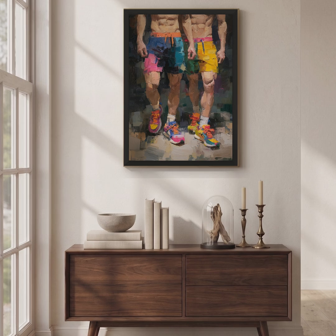 Video of the Two of a Kind gay couple print in a black frame hanging above a wooden sideboard in a sunlit room, two men in colourful shorts and trainers