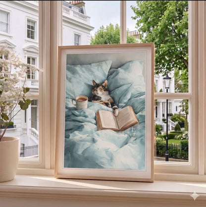 Watercolor print of a calico cat sleeping in bed beside an open book and cream coffee mug on soft mint bedding, cozy bedroom wall art.