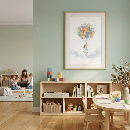 Children's playroom with a table, chairs, and toys against a green wall with a framed picture.