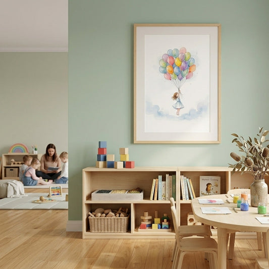 Children's playroom with a table, chairs, and toys against a green wall with a framed picture.