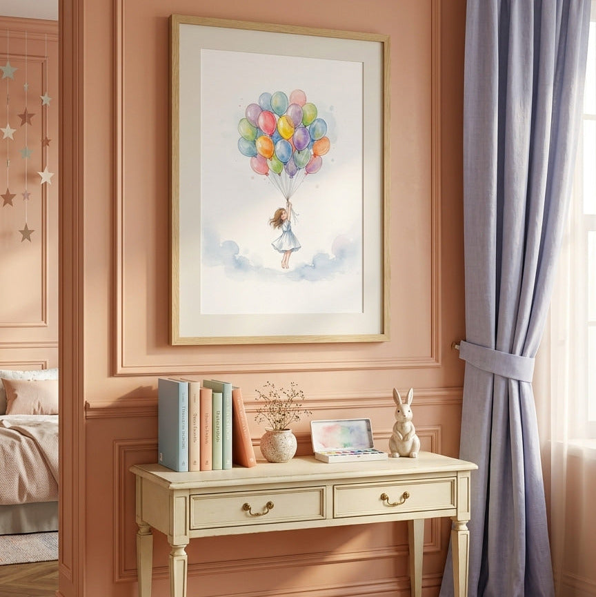 Children's room with a desk, framed picture of a child with balloons, and decorative items.