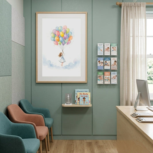 Waiting room with children's artwork on the wall, chairs, and a desk.