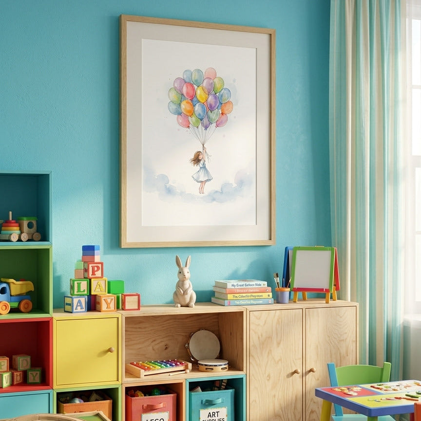 Children's playroom with colorful furniture, toys, and a framed picture on a blue wall.