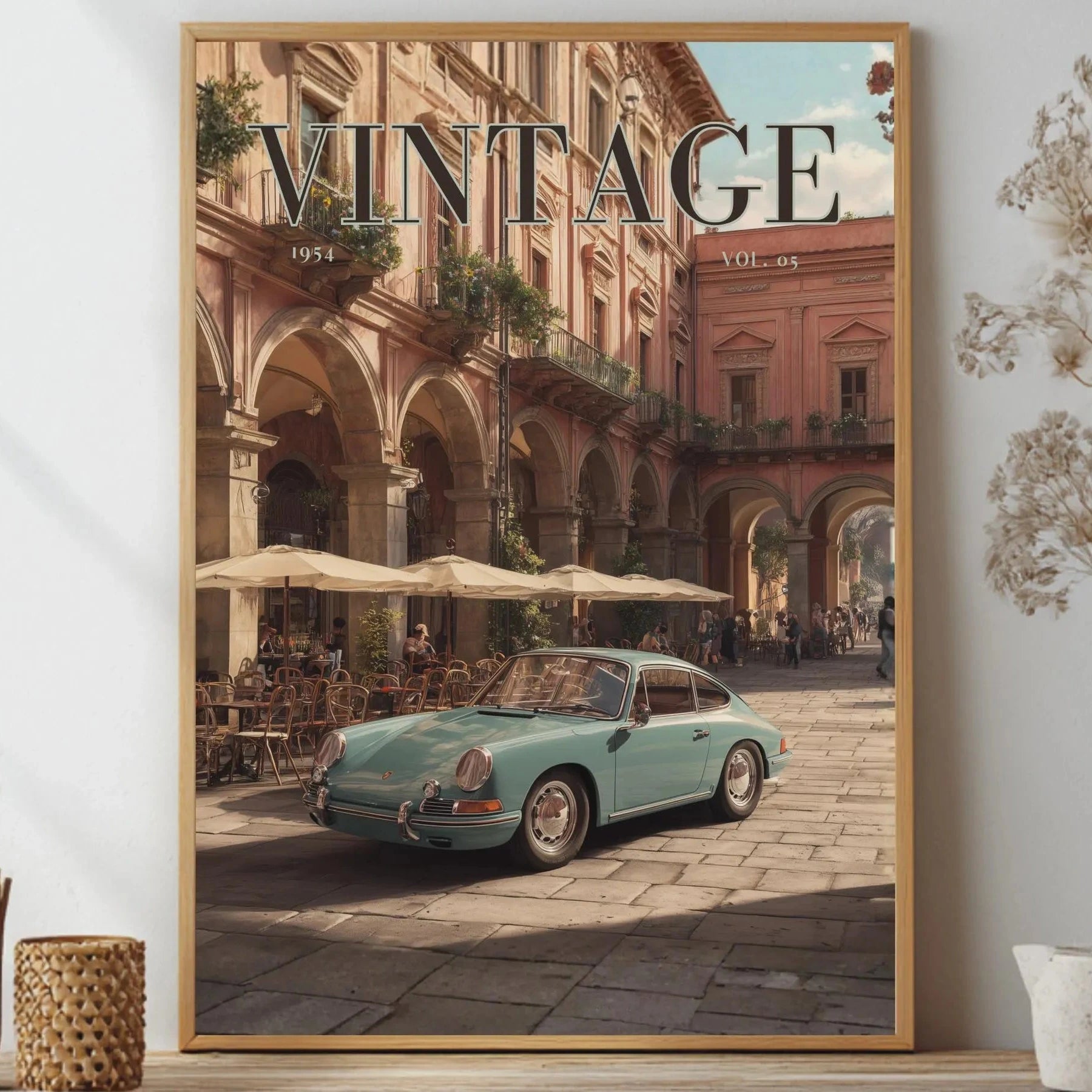 Vintage 1950s Porsche 911 classic car poster in a black frame on a white living room wall