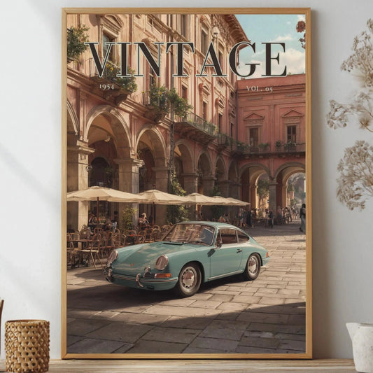 Vintage 1950s Porsche 911 classic car poster in a black frame on a white living room wall