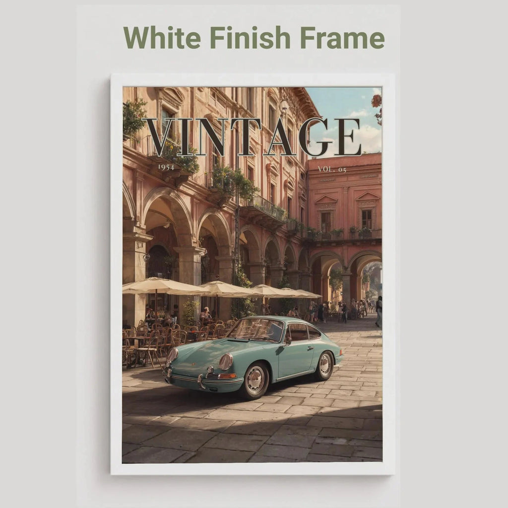 Framed artwork of a vintage car in an urban setting with 'Vintage' text.Vintage 1950s Porsche 911 classic car poster in a black frame on a white living room wall