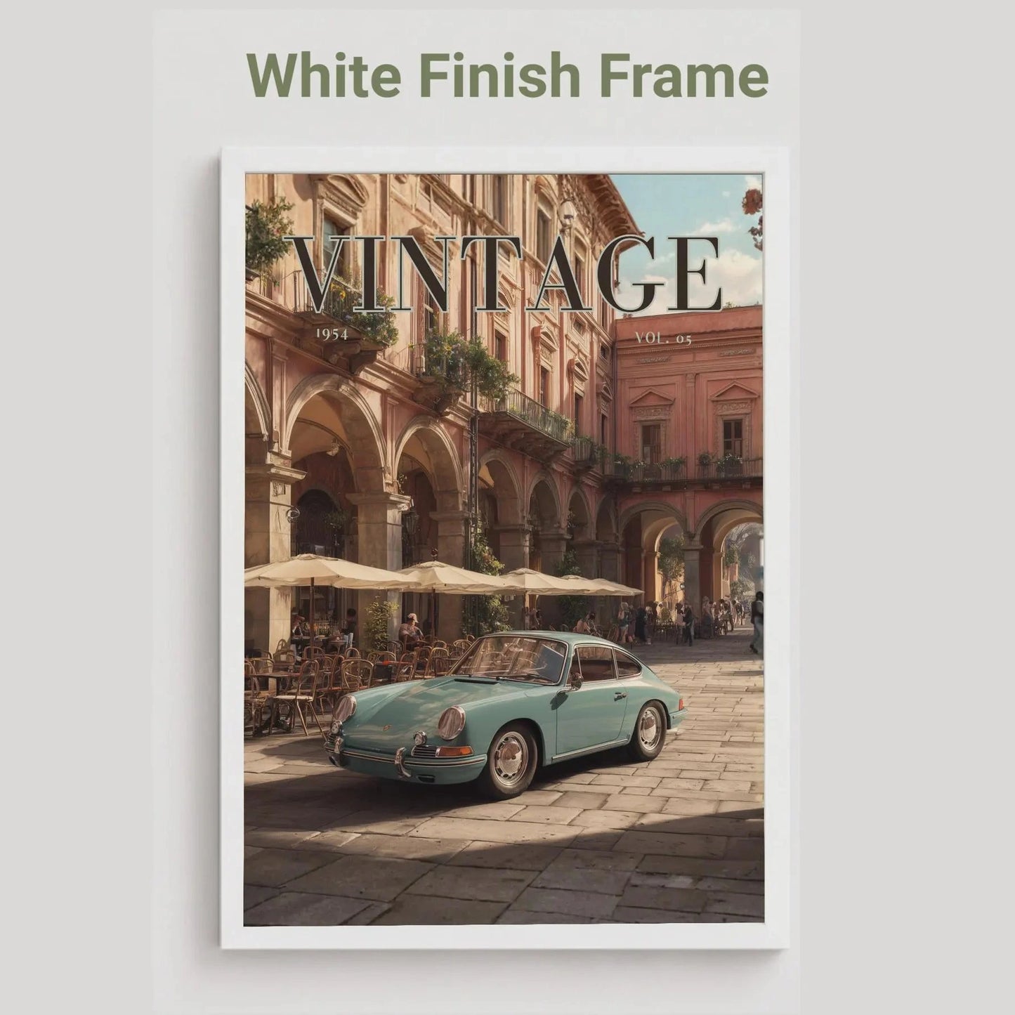 Framed artwork of a vintage car in an urban setting with 'Vintage' text.Vintage 1950s Porsche 911 classic car poster in a black frame on a white living room wall