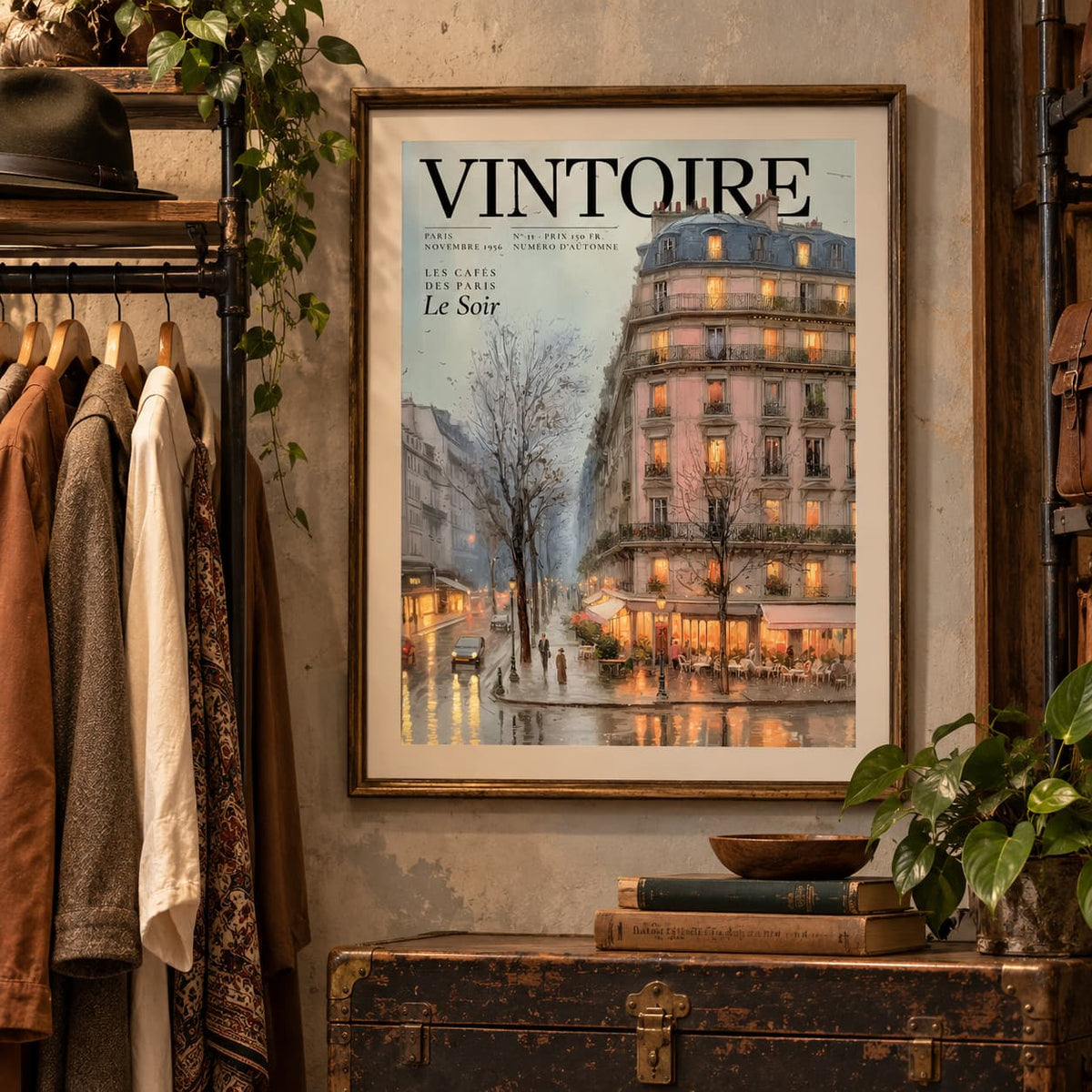A framed vintage-style poster or print reading “VINTOIRE” hangs on a rustic wall above a trunk, surrounded by clothing racks, books, and plants. The artwork depicts a Parisian street scene at night with lit windows and reflections on wet pavement.