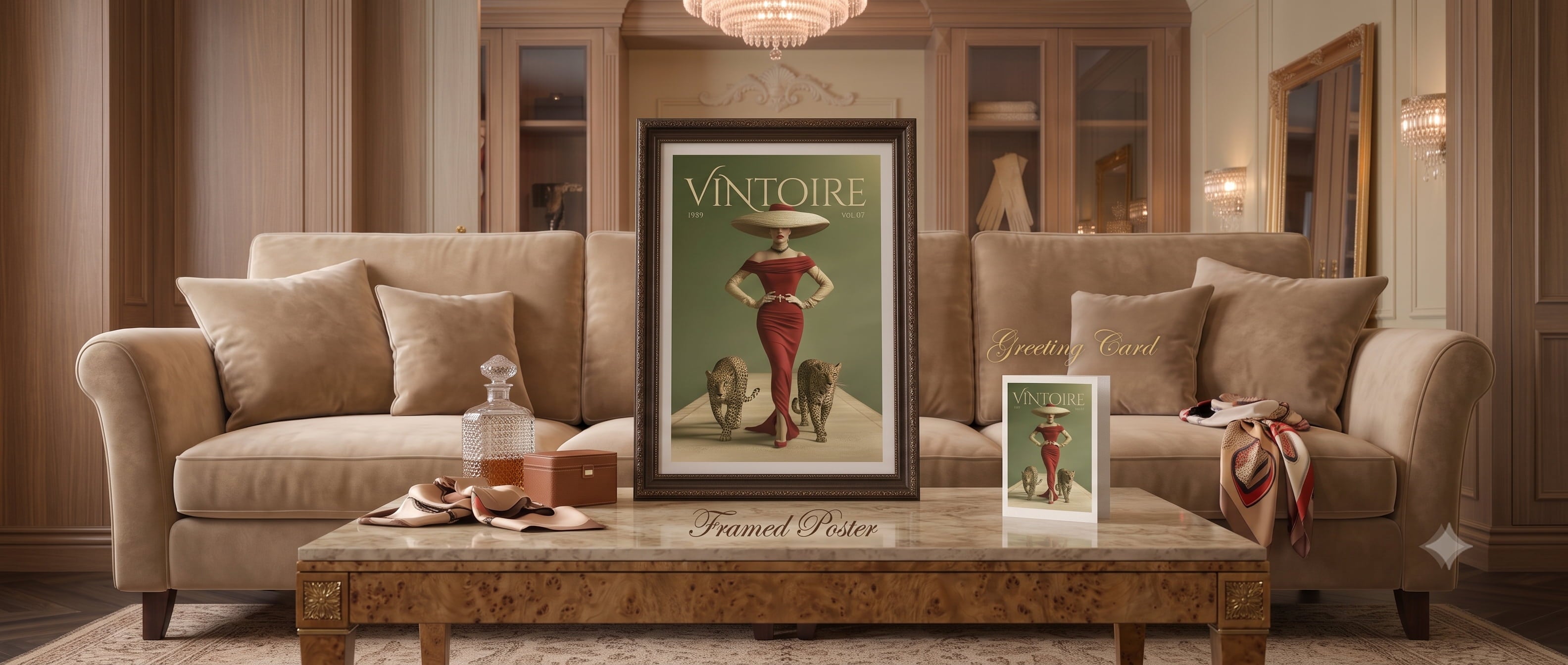 A framed vintage-style poster reading 'Vintore' is displayed on a coffee table in a styled living room with beige sofas, warm wood paneling, and decor.