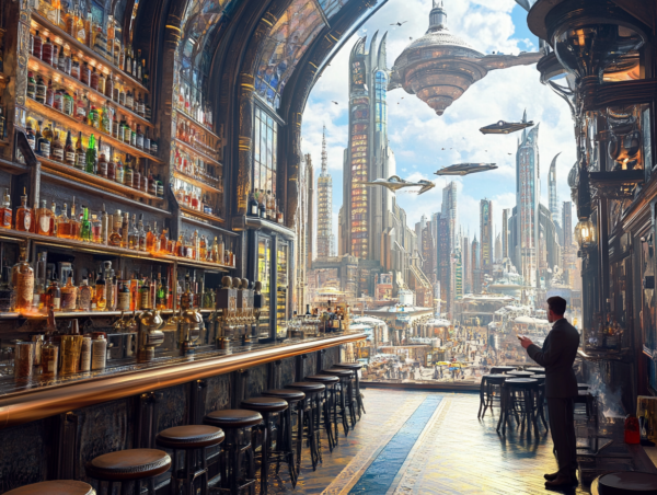 Bar with Futuristic View 1 greeting card