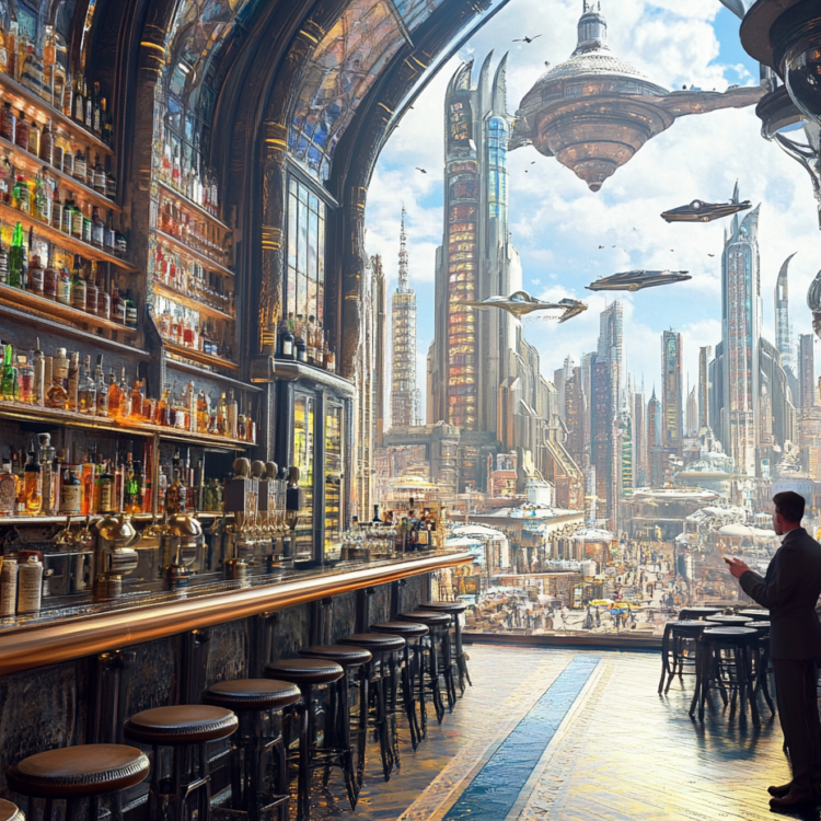 Bar with Futuristic View 1 greeting card