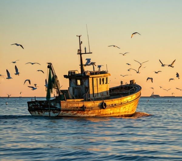 Fishing Boat at Sunset greeting card