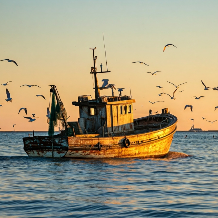 Fishing Boat at Sunset greeting card