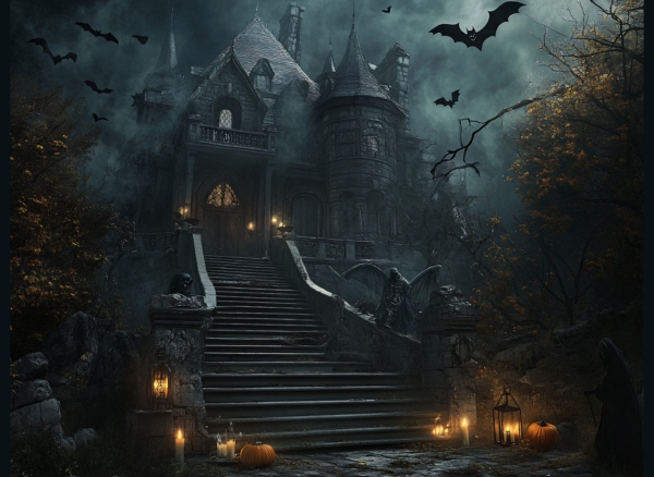 Halloween Haunted House and Bats greeting card