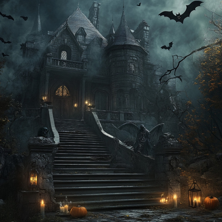 Halloween Haunted House and Bats greeting card