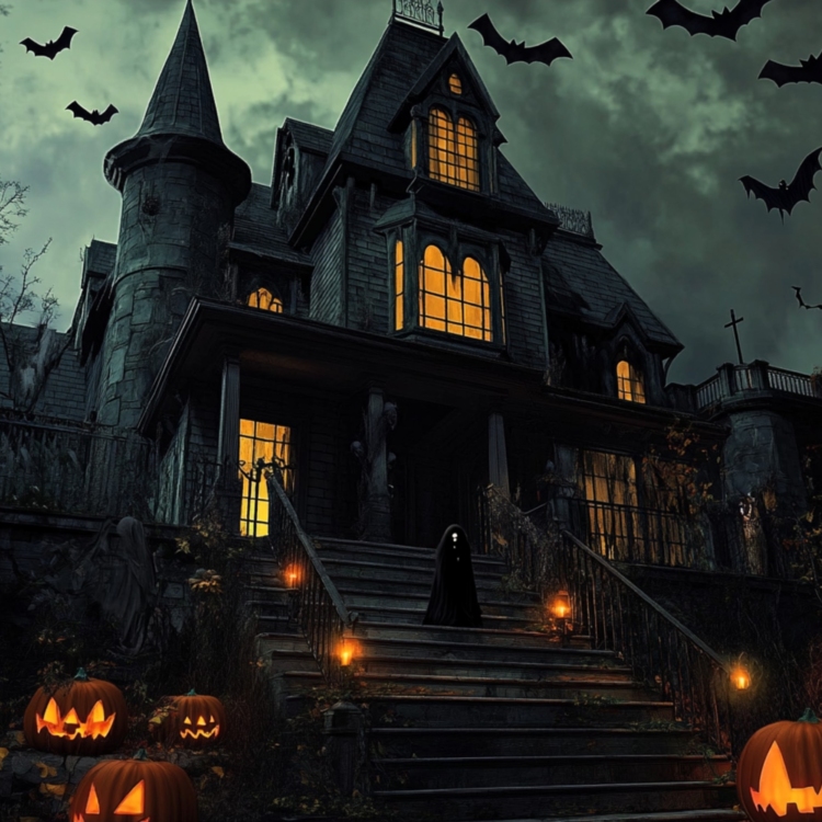 Haunted House Pumpkins on Steps 7444 greeting card